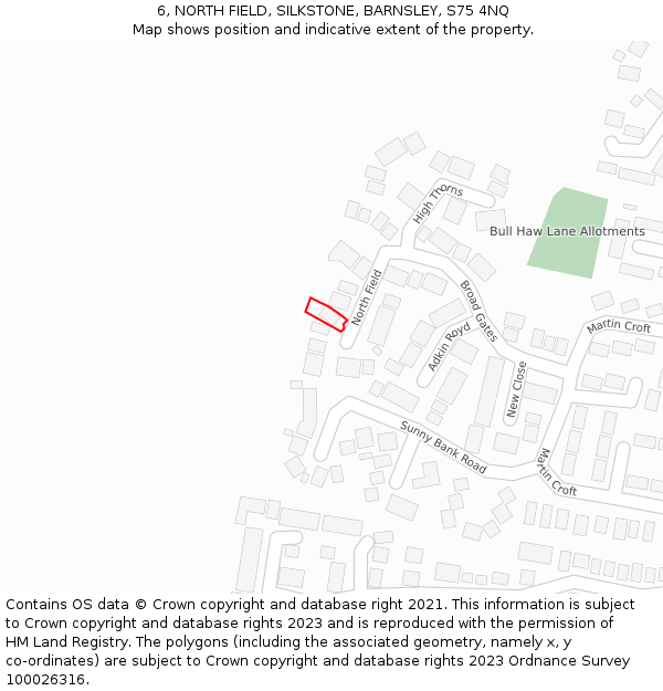 6, NORTH FIELD, SILKSTONE, BARNSLEY, S75 4NQ: Location map and indicative extent of plot