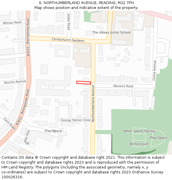 6, NORTHUMBERLAND AVENUE, READING, RG2 7PN: Location map and indicative extent of plot