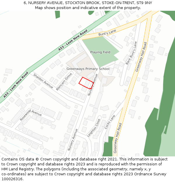 6, NURSERY AVENUE, STOCKTON BROOK, STOKE-ON-TRENT, ST9 9NY: Location map and indicative extent of plot