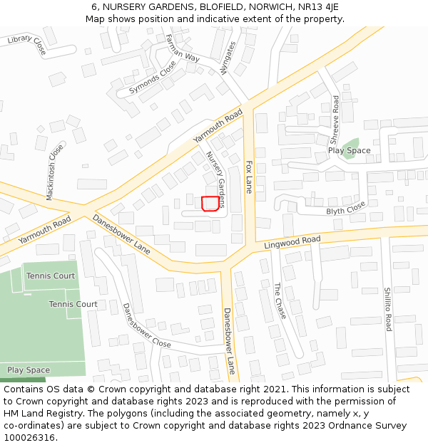 6, NURSERY GARDENS, BLOFIELD, NORWICH, NR13 4JE: Location map and indicative extent of plot