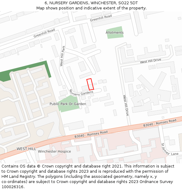 6, NURSERY GARDENS, WINCHESTER, SO22 5DT: Location map and indicative extent of plot