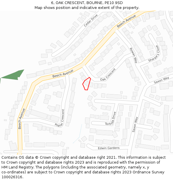 6, OAK CRESCENT, BOURNE, PE10 9SD: Location map and indicative extent of plot