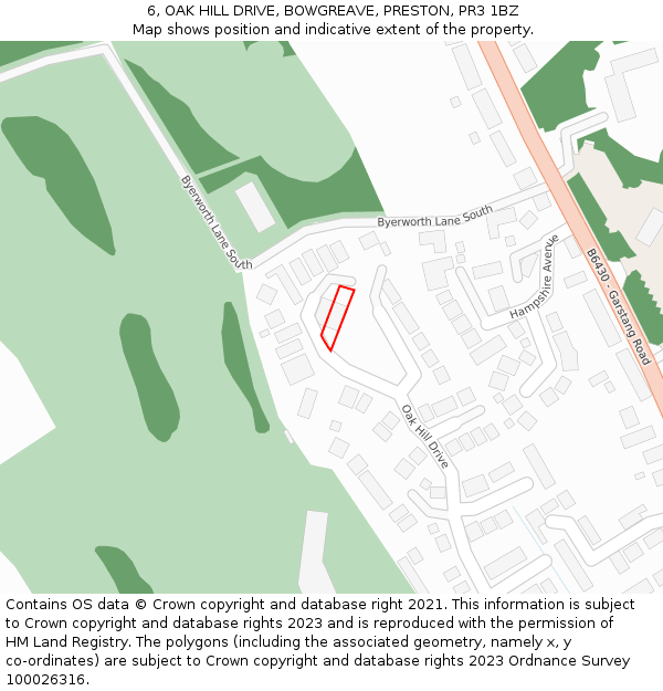 6, OAK HILL DRIVE, BOWGREAVE, PRESTON, PR3 1BZ: Location map and indicative extent of plot