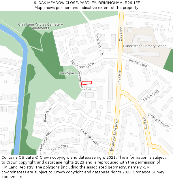 6, OAK MEADOW CLOSE, YARDLEY, BIRMINGHAM, B26 1EE: Location map and indicative extent of plot