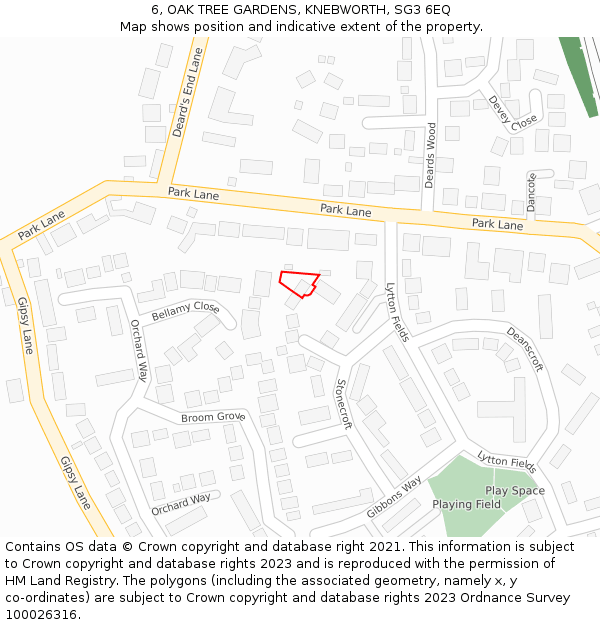 6, OAK TREE GARDENS, KNEBWORTH, SG3 6EQ: Location map and indicative extent of plot