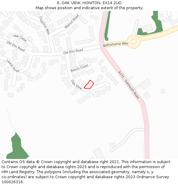 6, OAK VIEW, HONITON, EX14 2UD: Location map and indicative extent of plot