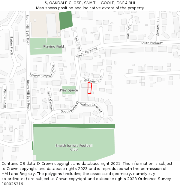 6, OAKDALE CLOSE, SNAITH, GOOLE, DN14 9HL: Location map and indicative extent of plot