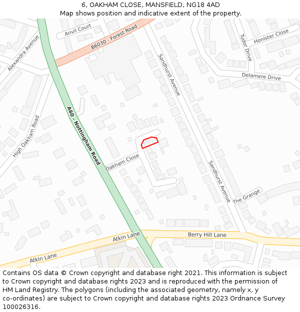 6, OAKHAM CLOSE, MANSFIELD, NG18 4AD: Location map and indicative extent of plot