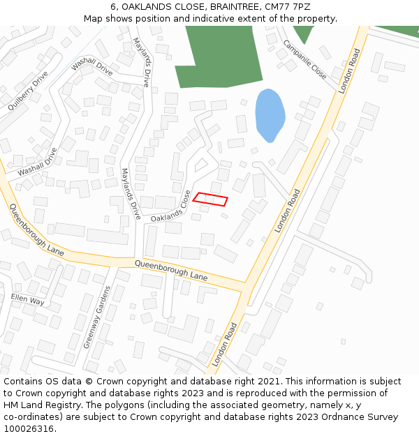 6, OAKLANDS CLOSE, BRAINTREE, CM77 7PZ: Location map and indicative extent of plot