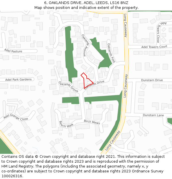 6, OAKLANDS DRIVE, ADEL, LEEDS, LS16 8NZ: Location map and indicative extent of plot