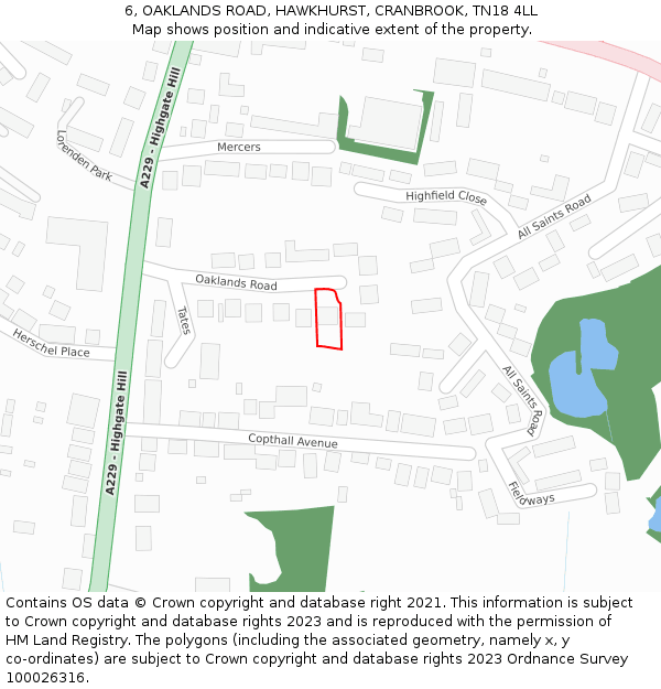 6, OAKLANDS ROAD, HAWKHURST, CRANBROOK, TN18 4LL: Location map and indicative extent of plot