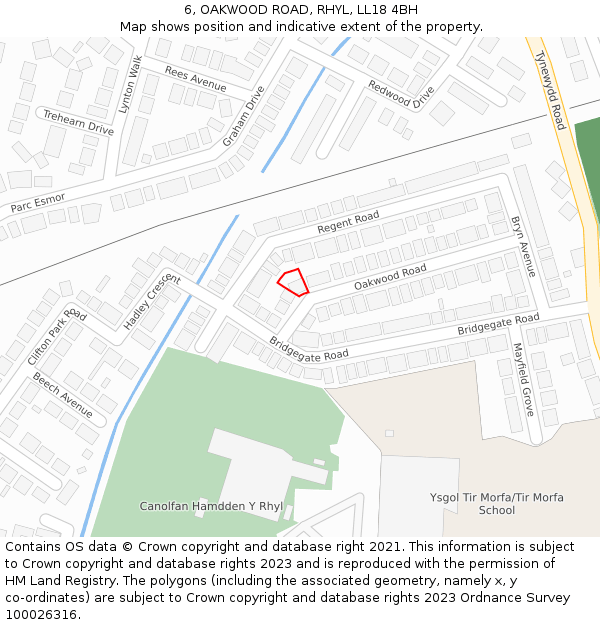 6, OAKWOOD ROAD, RHYL, LL18 4BH: Location map and indicative extent of plot