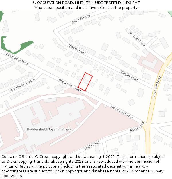 6, OCCUPATION ROAD, LINDLEY, HUDDERSFIELD, HD3 3AZ: Location map and indicative extent of plot