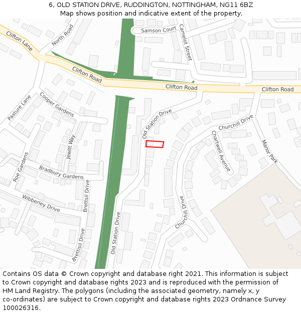 6, OLD STATION DRIVE, RUDDINGTON, NOTTINGHAM, NG11 6BZ: Location map and indicative extent of plot