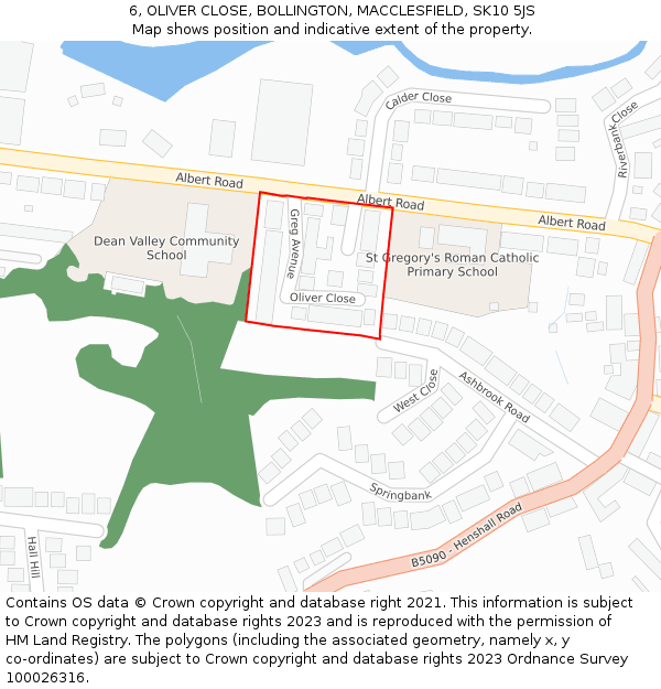 6, OLIVER CLOSE, BOLLINGTON, MACCLESFIELD, SK10 5JS: Location map and indicative extent of plot