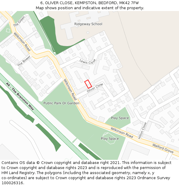 6, OLIVER CLOSE, KEMPSTON, BEDFORD, MK42 7FW: Location map and indicative extent of plot