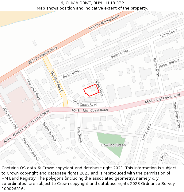 6, OLIVIA DRIVE, RHYL, LL18 3BP: Location map and indicative extent of plot