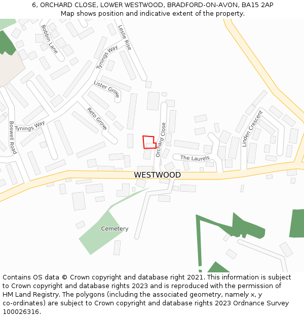 6, ORCHARD CLOSE, LOWER WESTWOOD, BRADFORD-ON-AVON, BA15 2AP: Location map and indicative extent of plot