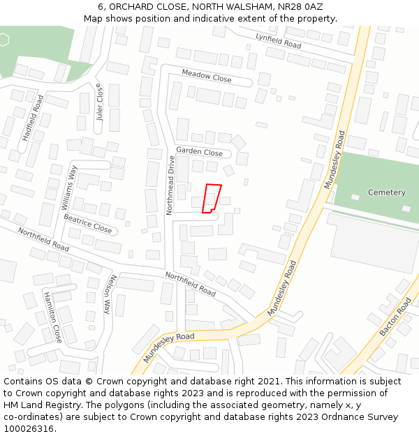 6, ORCHARD CLOSE, NORTH WALSHAM, NR28 0AZ: Location map and indicative extent of plot