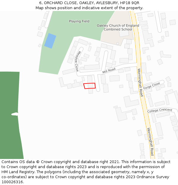 6, ORCHARD CLOSE, OAKLEY, AYLESBURY, HP18 9QR: Location map and indicative extent of plot