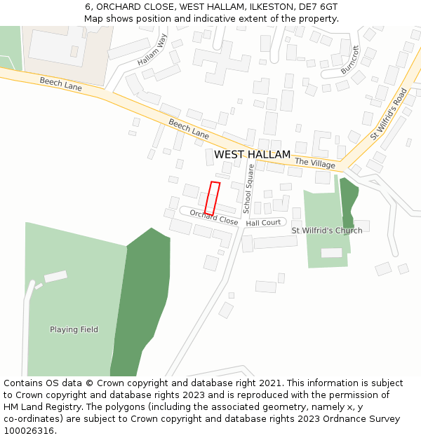 6, ORCHARD CLOSE, WEST HALLAM, ILKESTON, DE7 6GT: Location map and indicative extent of plot