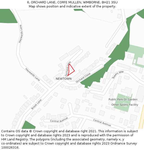 6, ORCHARD LANE, CORFE MULLEN, WIMBORNE, BH21 3SU: Location map and indicative extent of plot