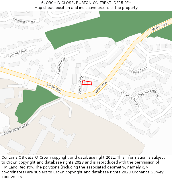6, ORCHID CLOSE, BURTON-ON-TRENT, DE15 9FH: Location map and indicative extent of plot