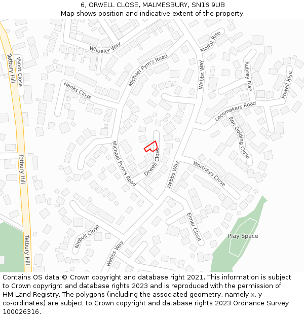 6, ORWELL CLOSE, MALMESBURY, SN16 9UB: Location map and indicative extent of plot