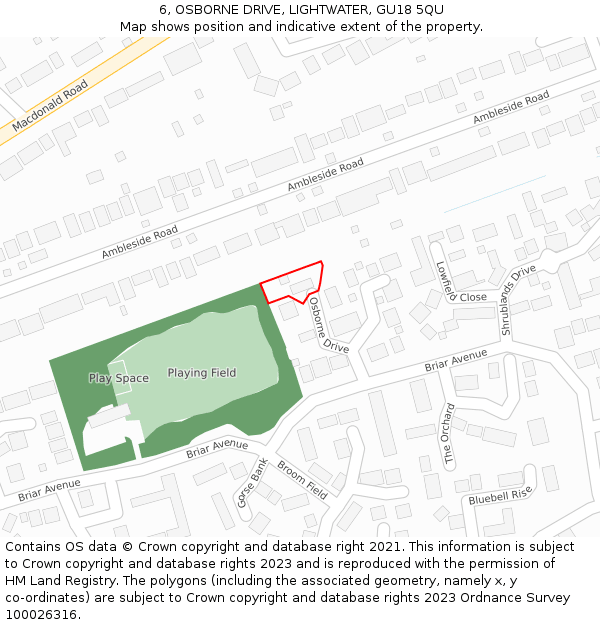 6, OSBORNE DRIVE, LIGHTWATER, GU18 5QU: Location map and indicative extent of plot