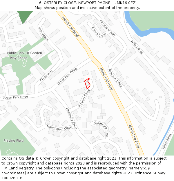 6, OSTERLEY CLOSE, NEWPORT PAGNELL, MK16 0EZ: Location map and indicative extent of plot