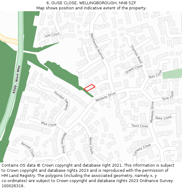 6, OUSE CLOSE, WELLINGBOROUGH, NN8 5ZF: Location map and indicative extent of plot