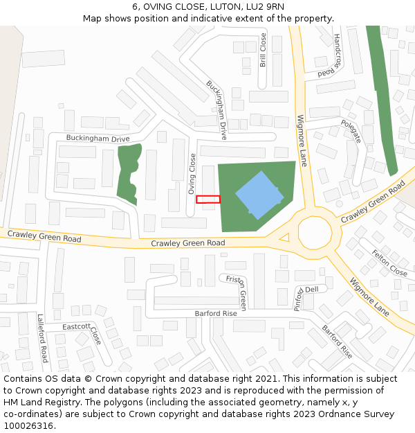 6, OVING CLOSE, LUTON, LU2 9RN: Location map and indicative extent of plot