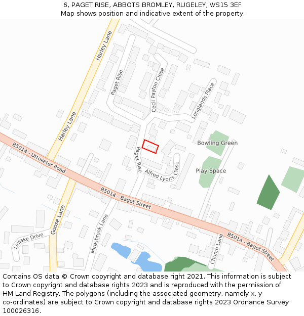 6, PAGET RISE, ABBOTS BROMLEY, RUGELEY, WS15 3EF: Location map and indicative extent of plot