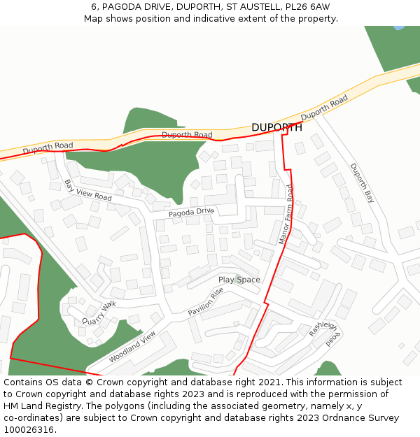 6, PAGODA DRIVE, DUPORTH, ST AUSTELL, PL26 6AW: Location map and indicative extent of plot