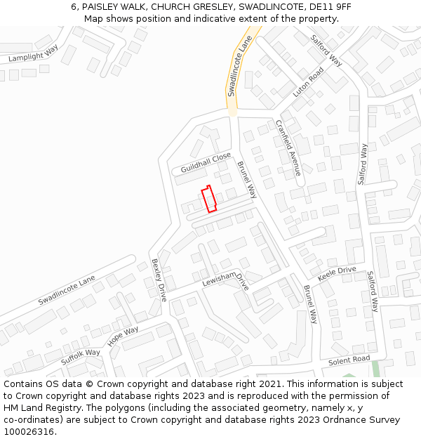 6, PAISLEY WALK, CHURCH GRESLEY, SWADLINCOTE, DE11 9FF: Location map and indicative extent of plot