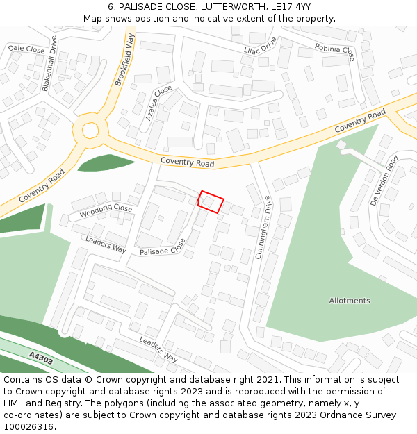 6, PALISADE CLOSE, LUTTERWORTH, LE17 4YY: Location map and indicative extent of plot
