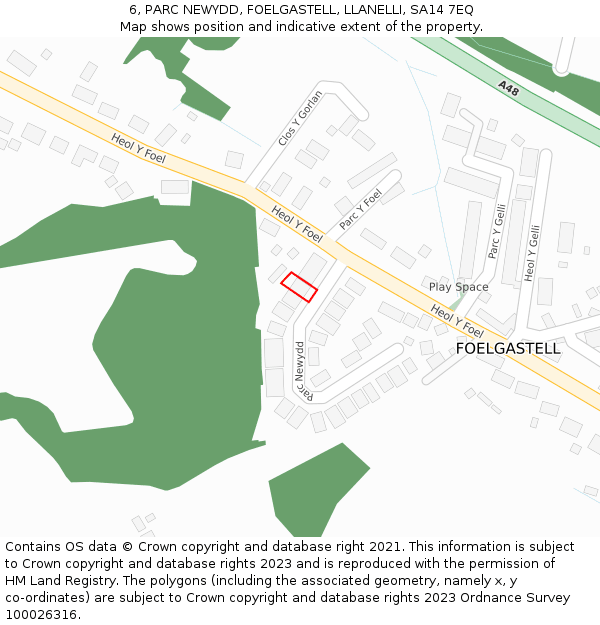 6, PARC NEWYDD, FOELGASTELL, LLANELLI, SA14 7EQ: Location map and indicative extent of plot