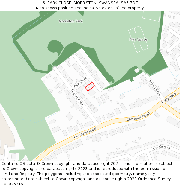 6, PARK CLOSE, MORRISTON, SWANSEA, SA6 7DZ: Location map and indicative extent of plot