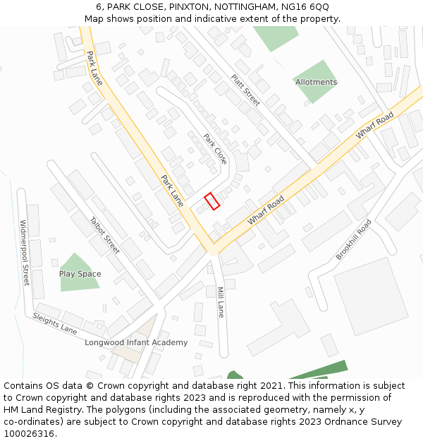 6, PARK CLOSE, PINXTON, NOTTINGHAM, NG16 6QQ: Location map and indicative extent of plot