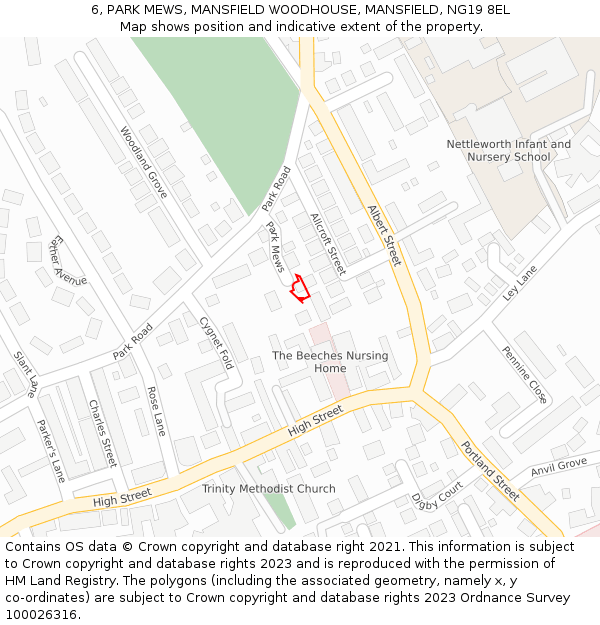 6, PARK MEWS, MANSFIELD WOODHOUSE, MANSFIELD, NG19 8EL: Location map and indicative extent of plot