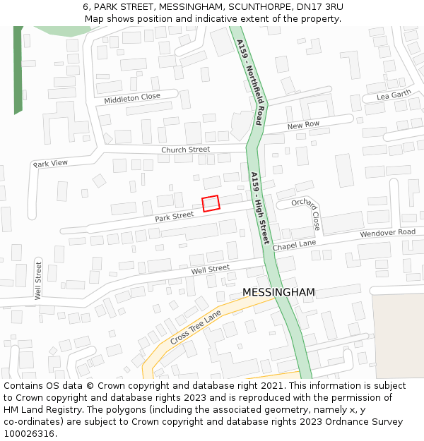 6, PARK STREET, MESSINGHAM, SCUNTHORPE, DN17 3RU: Location map and indicative extent of plot