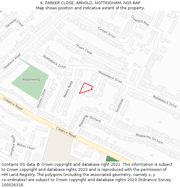 6, PARKER CLOSE, ARNOLD, NOTTINGHAM, NG5 8AP: Location map and indicative extent of plot