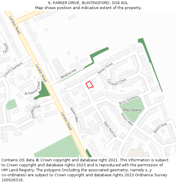6, PARKER DRIVE, BUNTINGFORD, SG9 9GL: Location map and indicative extent of plot