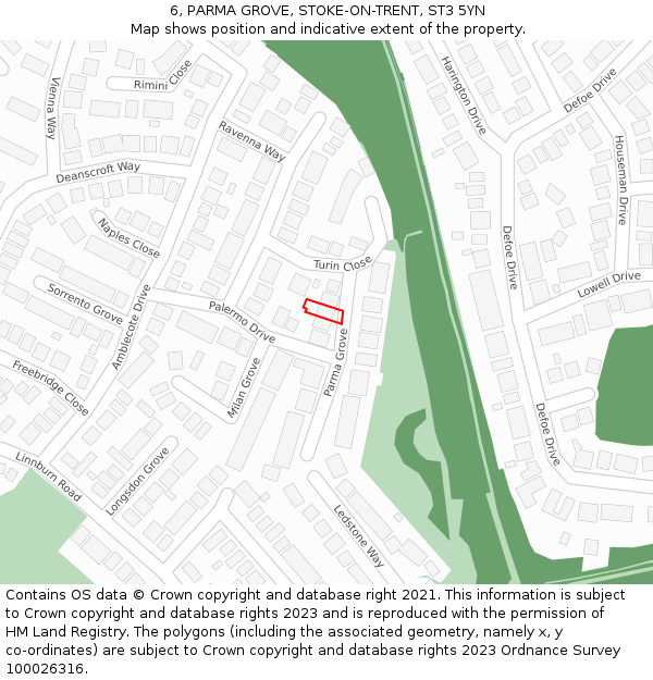 6, PARMA GROVE, STOKE-ON-TRENT, ST3 5YN: Location map and indicative extent of plot