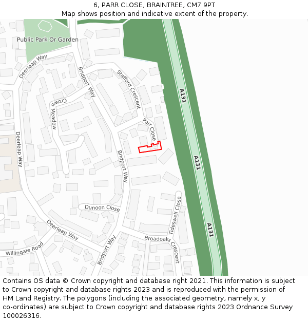 6, PARR CLOSE, BRAINTREE, CM7 9PT: Location map and indicative extent of plot