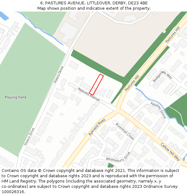 6, PASTURES AVENUE, LITTLEOVER, DERBY, DE23 4BE: Location map and indicative extent of plot