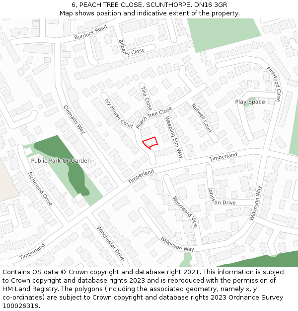 6, PEACH TREE CLOSE, SCUNTHORPE, DN16 3GR: Location map and indicative extent of plot