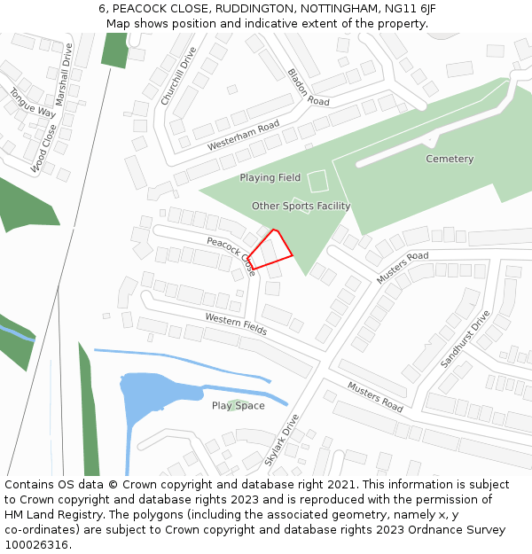 6, PEACOCK CLOSE, RUDDINGTON, NOTTINGHAM, NG11 6JF: Location map and indicative extent of plot