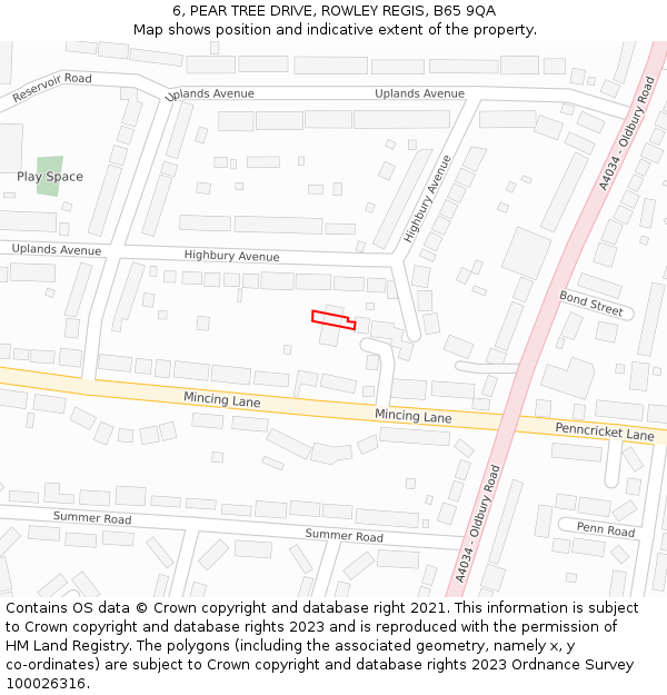 6, PEAR TREE DRIVE, ROWLEY REGIS, B65 9QA: Location map and indicative extent of plot