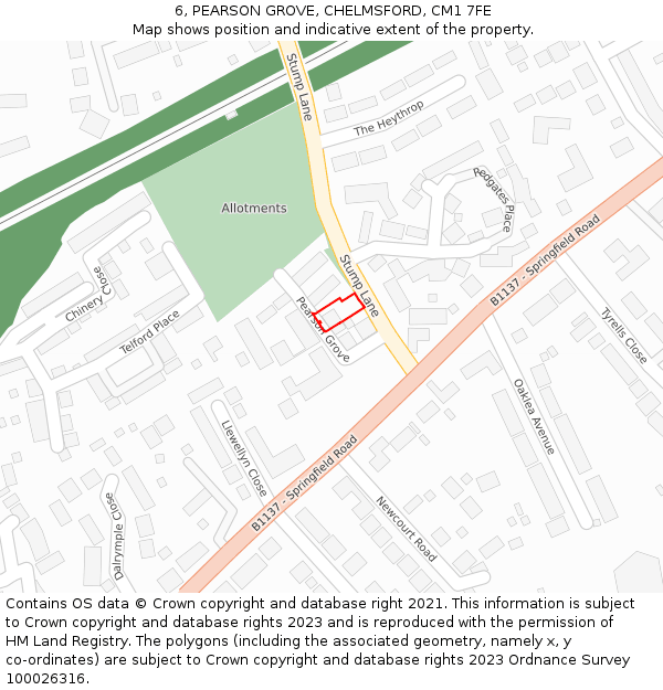 6, PEARSON GROVE, CHELMSFORD, CM1 7FE: Location map and indicative extent of plot